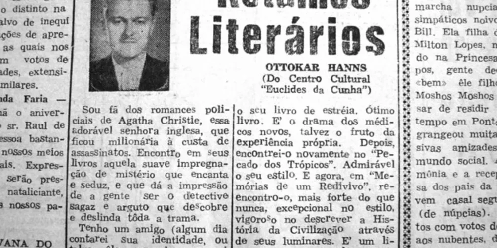 Na década de 1950, o JM publicava regularmente a coluna “Retalhos Literários”, assinada por intelectuais locais que integravam o Centro Cultural Euclides da Cunha. Na imagem, a coluna publicada em 05 de maio de 1957 e assinada por Ottokar Hanns