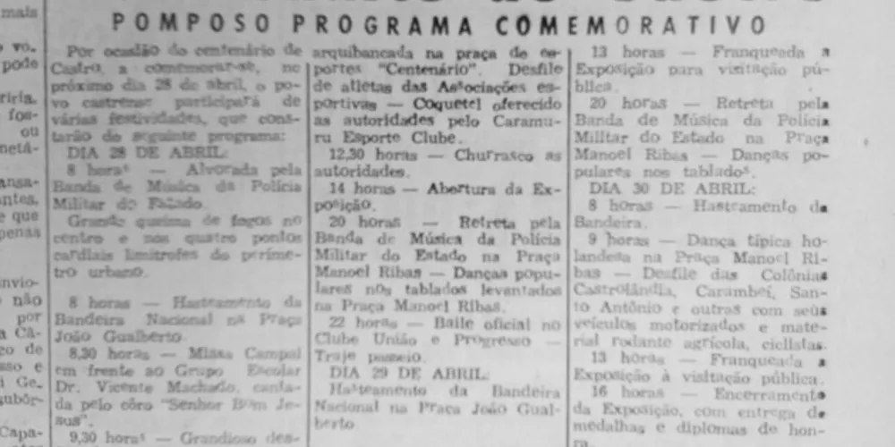 Em 26 de abril de 1957 o JM publicou matéria tratando dos festejos sobre o Centenário de Castro
