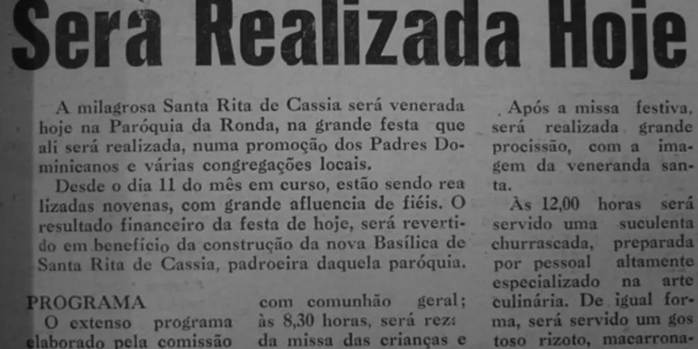 No dia 19 de maio de 1968 o JM publicou notícia sobre a festa da paróquia de Santa Rita, na Ronda, detalhando a programação da mesma