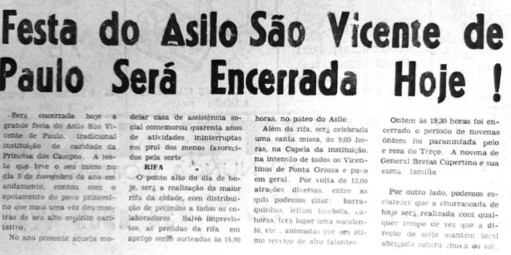 Matéria publicada no JM de 04 de dezembro de 1966, dando conta da realização da tradicional festa do Asilo São Vicente de Paulo para a arrecadação de fundos para a instituição