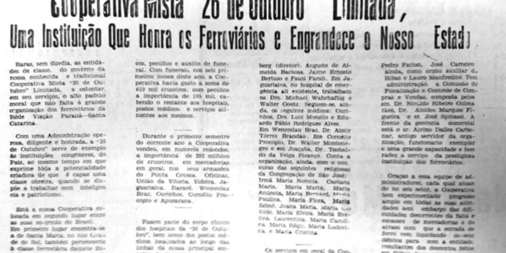 Na edição comemorativa de aniversário de Ponta Grossa em 1962, o JM publicou um texto sobre a Cooperativa Mista 26 de Outubro, destacando a importância da entidade para a cidade