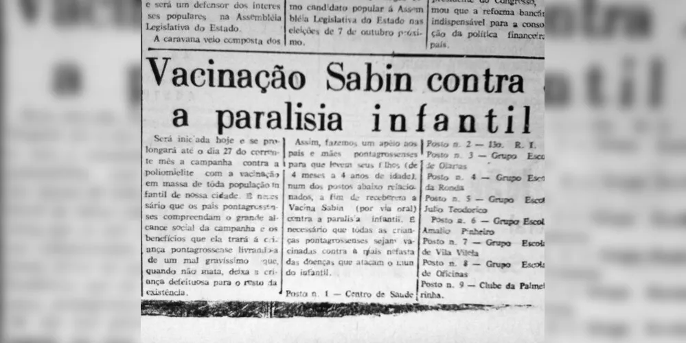 A matéria publicada pelo JM em 24 de julho de 1962 trata da abertura da campanha contra a poliomielite e descreve os locais de vacinação na cidade