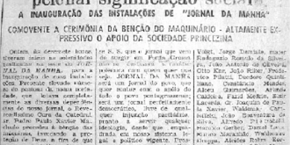 Recorte da notícia sobre a inauguração das instalações do Jornal da Manhã em 04 de julho de 1954