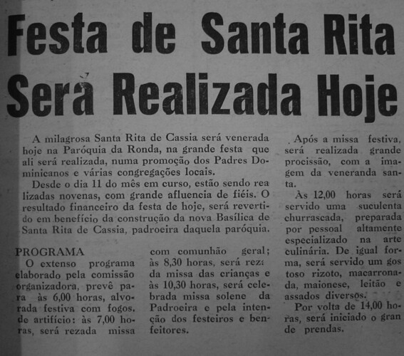 No dia 19 de maio de 1968 o JM publicou notícia sobre a festa da paróquia de Santa Rita, na Ronda, detalhando a programação da mesma