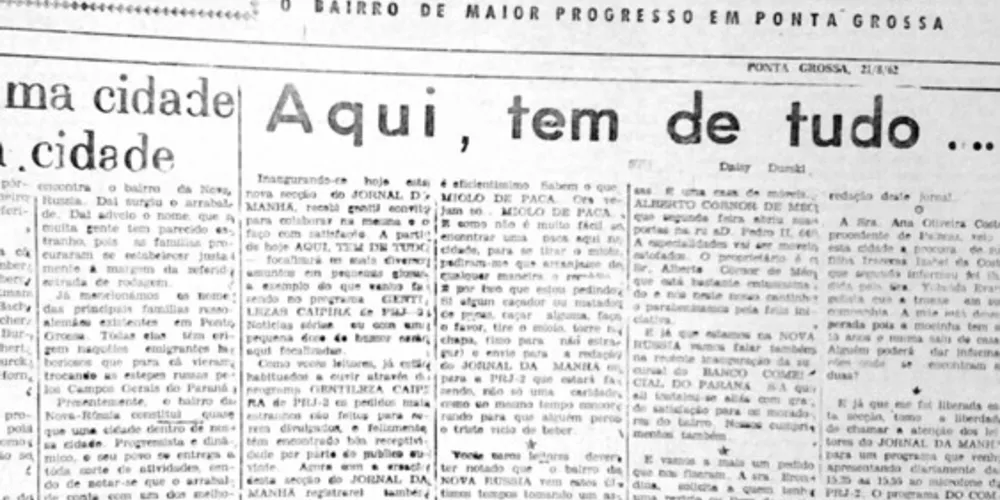 O JM de 21 de agosto de 1962 trouxe a “Página da Nova Rússia”, uma publicação semanal que falava sobre esse bairro e que era assinada por Daisy Durski