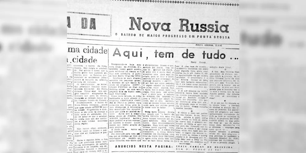 O JM de 21 de agosto de 1962 trouxe a “Página da Nova Rússia”, uma publicação semanal que falava sobre esse bairro e que era assinada por Daisy Durski