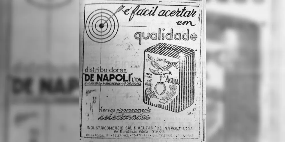 O JM de 19 de maio de 1960 trouxe a publicidade da erva-mate Águia, produto beneficiado em Ponta Grossa