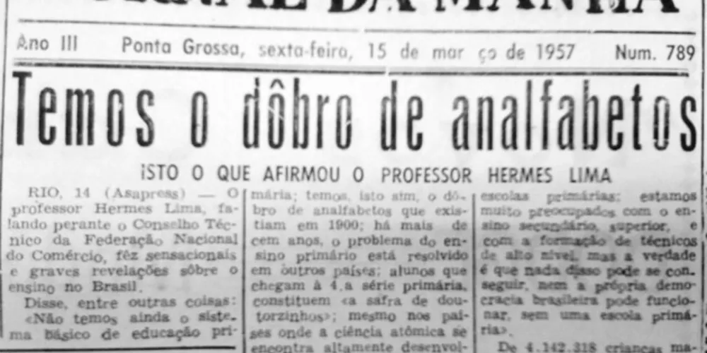 O JM de 15 de março de 1957 trouxe um sua primeira página uma matéria a respeito do analfabetismo no Brasil