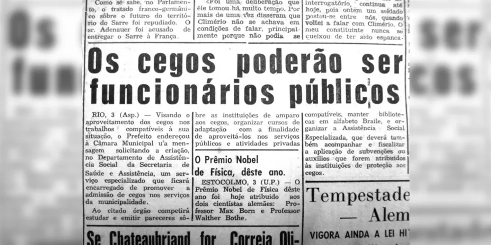 No dia 4 de novembro de 1954 o JM publicou materia sobre a inclusão dos cegos no funcionalismo público