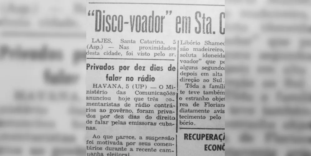 No dia 06 de novembro de 1954 o JM publicou notícia sobre o suposto aparecimento de um disco voador no estado de Santa Catarina