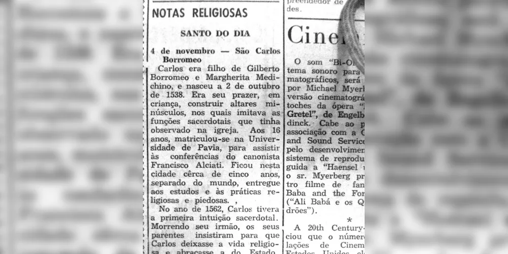 No dia 4 de novembro de 1954, o JM em coluna intitulada “Notas religiosas” publicou texto sobre a vida do santo Carlos Borromeo