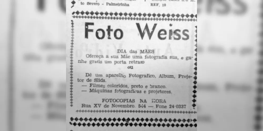 No dia 13 de maio de 1975, o JM publicou um anúncio do Foto Weiss, um dos mais tradicionais estabelecimentos fotográficos ponta-grossenses