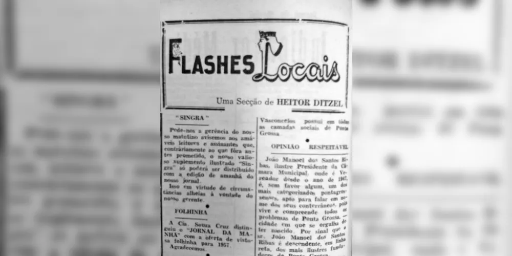 A coluna Flashes Locais, assinada por Heitor Ditzel, foi um dos destaques do JM na sua edição de 10 de janeiro de 1957