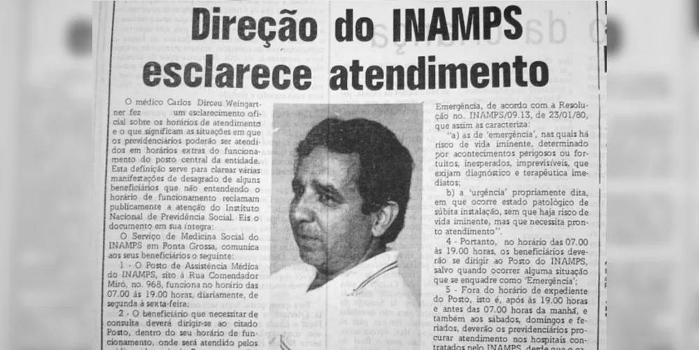 No dia 07 de outubro de 1984 o JM publicou matéria sobre o atendimento do INAMPS em Ponta Grossa