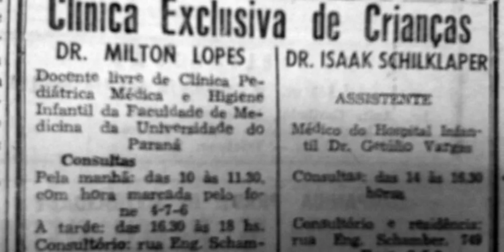 O anúncio da clínica pediátrica dos drs. Milton Lopes e Isaak Schilklaper, integrou o indicador profissional do JM em 10 de janeiro de 1957