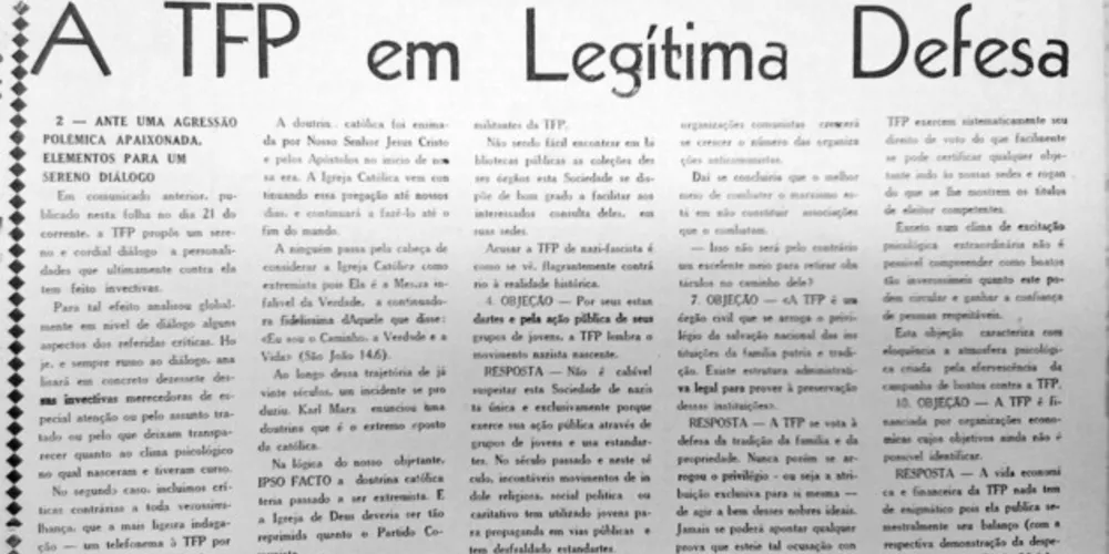 Em 05 de junho de 1975, no auge da ditadura militar brasileira, a TFP publicou nota no JM expondo o seu posicionamento sobre a realidade política nacional
