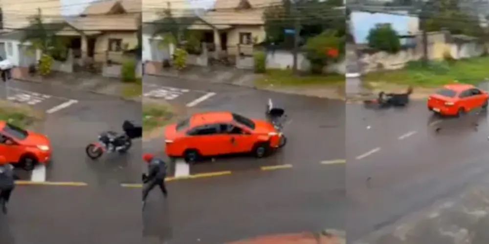 Populares filmaram a situação envolvendo um carro e uma motocicleta