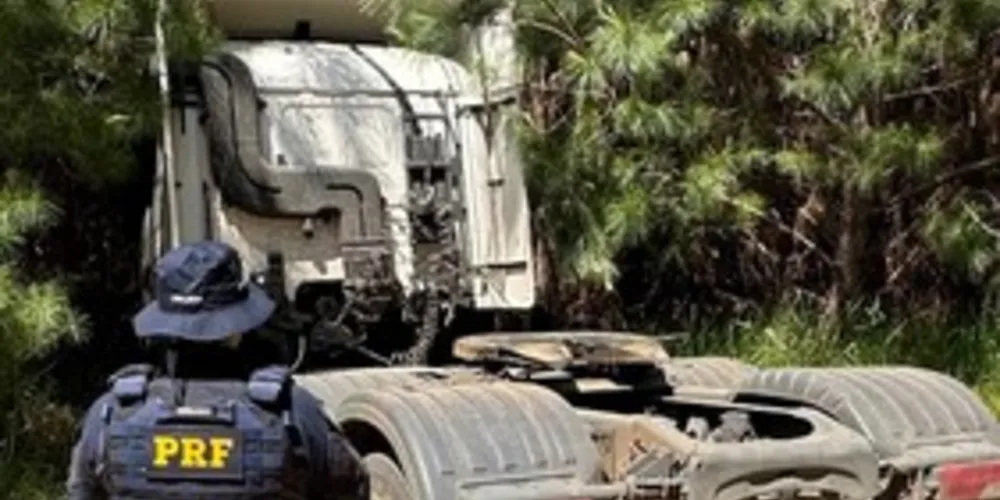 Caminhão foi localizado em uma estrada rural, saindo da BR-153, em meio às árvores