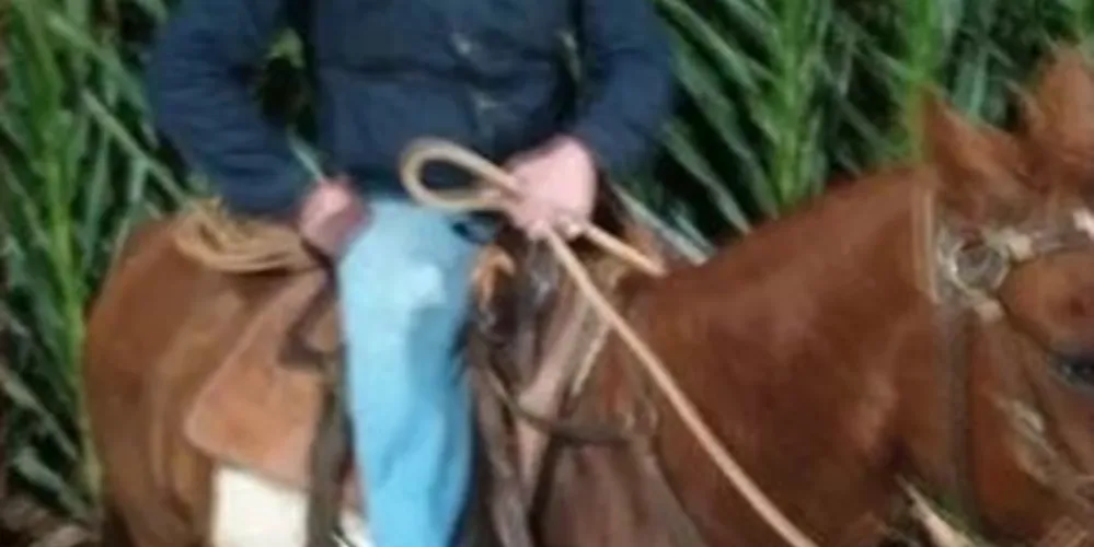 O homem conversa com um funcionário do estabelecimento, enquanto o cavalo aguarda