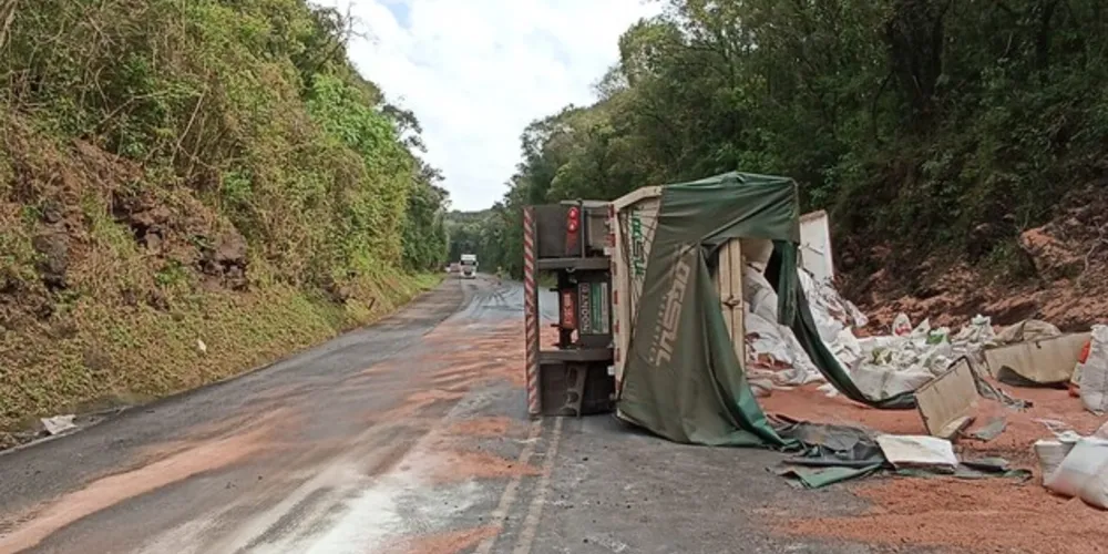 Um caminhão tombou na manhã desta segunda-feira (04), por volta das 08h50, na PR-460, no município de Novas Tebas (PR)