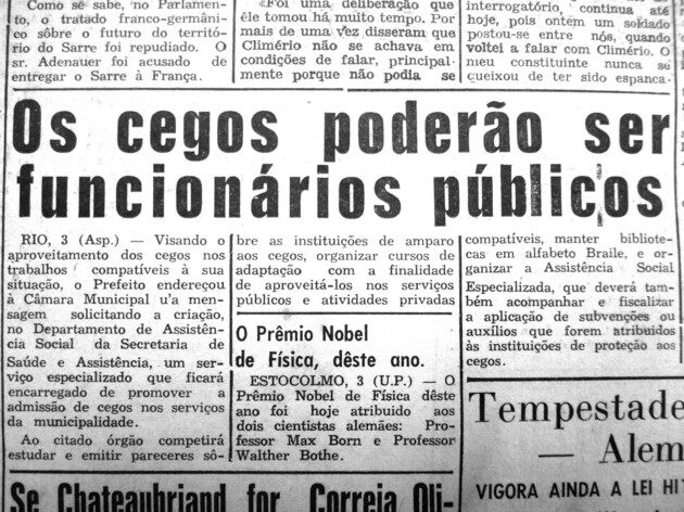 No dia 4 de novembro de 1954 o JM publicou materia sobre a inclusão dos cegos no funcionalismo público