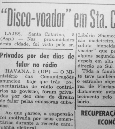 No dia 06 de novembro de 1954 o JM publicou notícia sobre o suposto aparecimento de um disco voador no estado de Santa Catarina