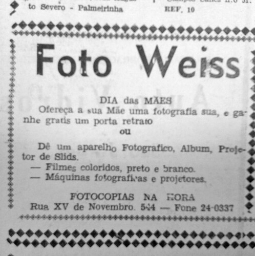 No dia 13 de maio de 1975, o JM publicou um anúncio do Foto Weiss, um dos mais tradicionais estabelecimentos fotográficos ponta-grossenses
