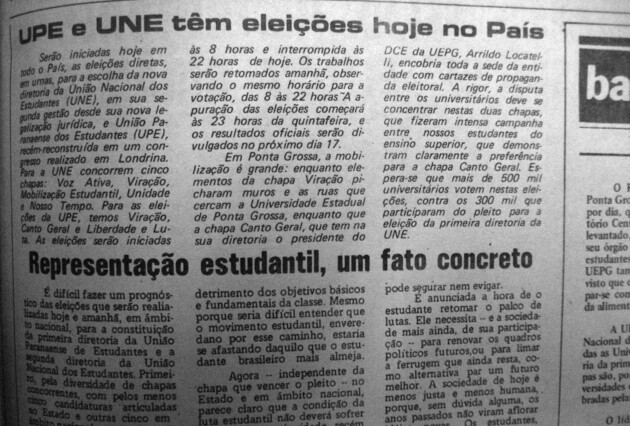 No dia 12 de novembro de 1980 o JM publicou matéria sobre as eleições da UNE e da UPE