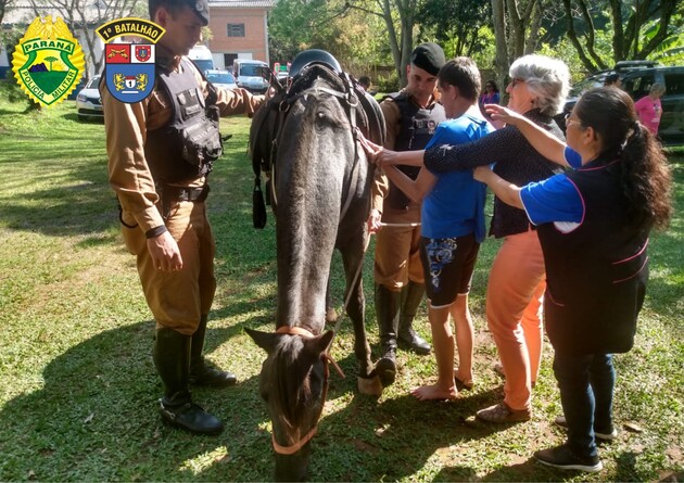 As crianças tiveram a oportunidade de conhecer o cavalo do Pelotão Montado (Hibrael).