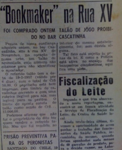 No dia 20 de março de 1957, o JM denunciou a existência de apostas no bar Cascatinha, um dos mais tradicionais de PG da década de 1950 e que funcionava na Rua XV de Novembro