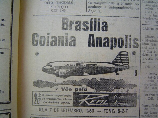 Publicidade da Real Aerovias, uma das empresas brasileiras que atendiam o Paraná em meados do século XX. Publicada no JM de 03 de janeiro de 1958