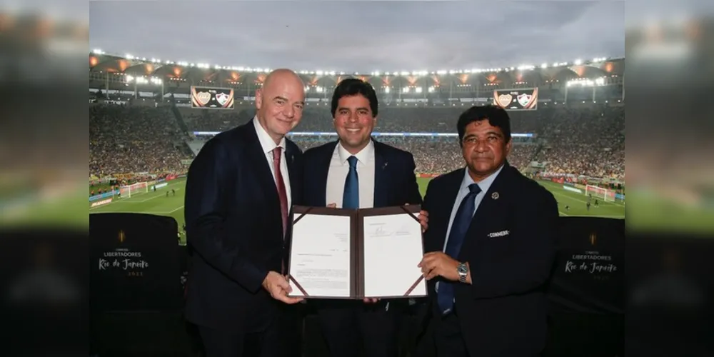 Gianni Infantino, presidente da FIFA; André Fufuca, ministro do Esporte; Ednaldo Rodrigues, presidente da CBF