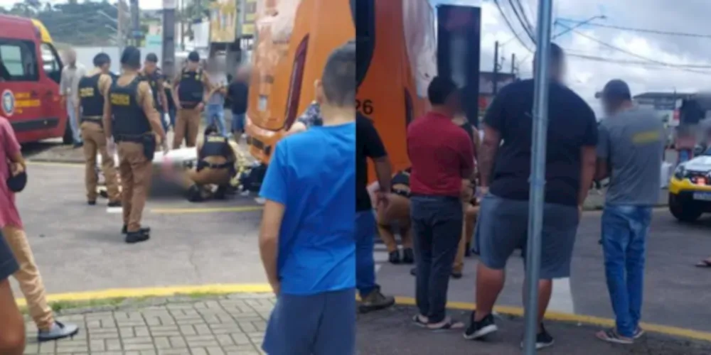Ele estava em uma bicicleta, que ficou embaixo do ônibus após a batida