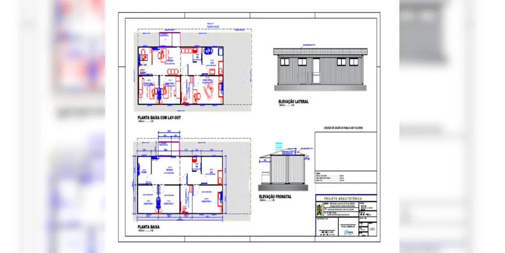 Projeto arquitetônico para os quatro contêineres, que juntos formarão uma estrutura de unidade de saúde no Distrito Itaicoca