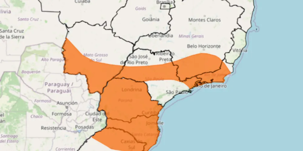 Alerta laranja para tempestades, chuva intensa, raios e granizo no Sul, Sudeste e MS