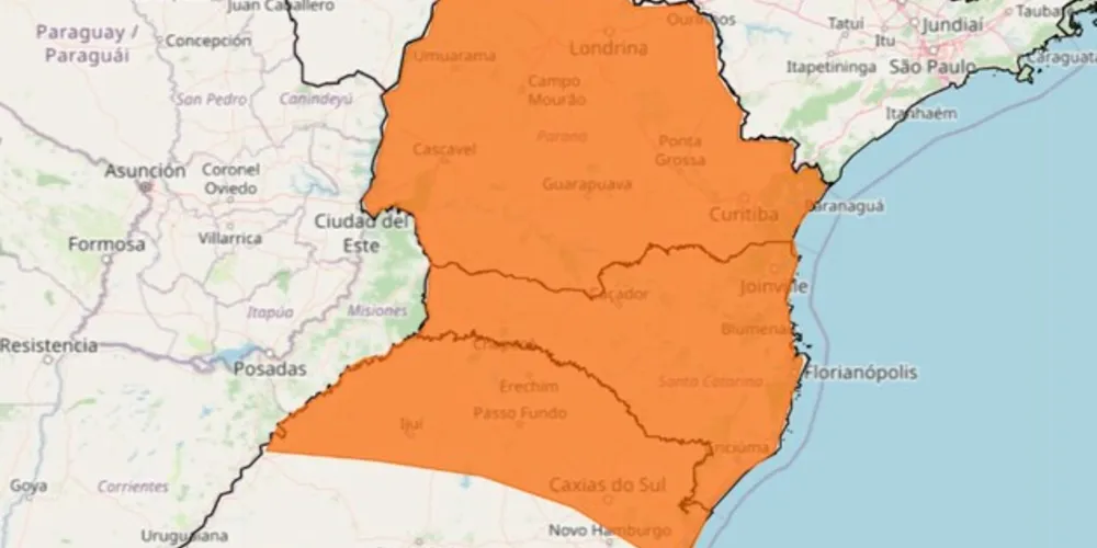 Alerta de temporal é válido para a Região Sul do Brasil, principalmente Paraná e Santa Catarina
