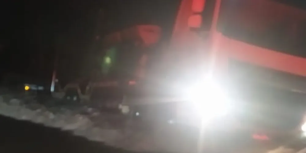 Caminhão sai da pista após tentar passar por trecho alagado