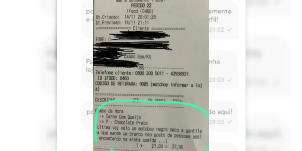 Injúria foi registrada em pedido da plataforma Ifood