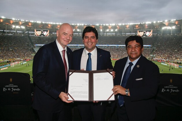 Gianni Infantino, presidente da FIFA; André Fufuca, ministro do Esporte; Ednaldo Rodrigues, presidente da CBF
