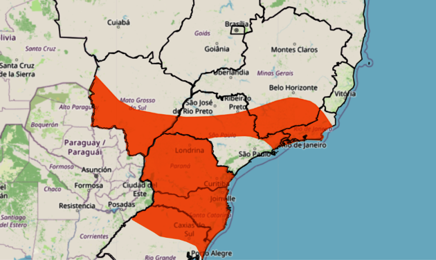 Alerta laranja para tempestades, chuva intensa, raios e granizo no Sul, Sudeste e MS