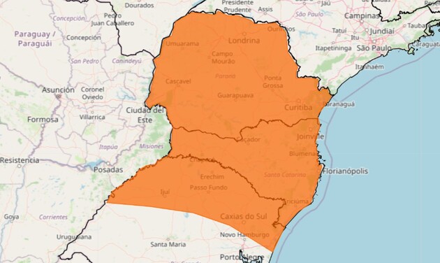 Alerta de temporal é válido para a Região Sul do Brasil, principalmente Paraná e Santa Catarina