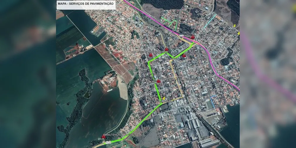 As vias que receberão a melhoria estão destacadas em verde no mapa