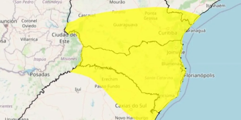 Alerta para tempestade vale para várias regiões do Paraná e para todo o Estado de Santa Catarina
