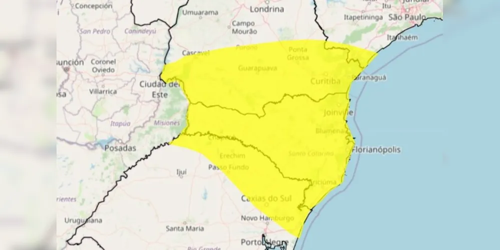 Alerta para tempestade vale para várias regiões do Paraná e para todo o Estado de Santa Catarina