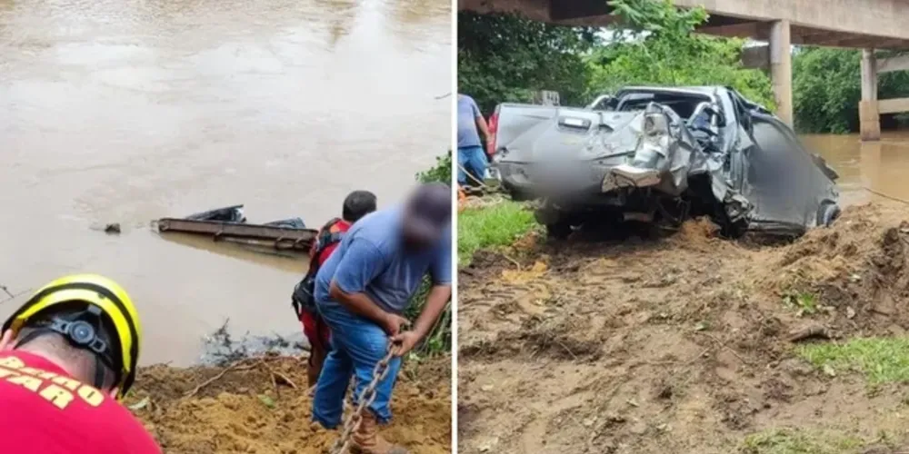 Para retirar a caminhonete da água e realizar o resgate, os bombeiros precisaram utilizar correntes e cordas