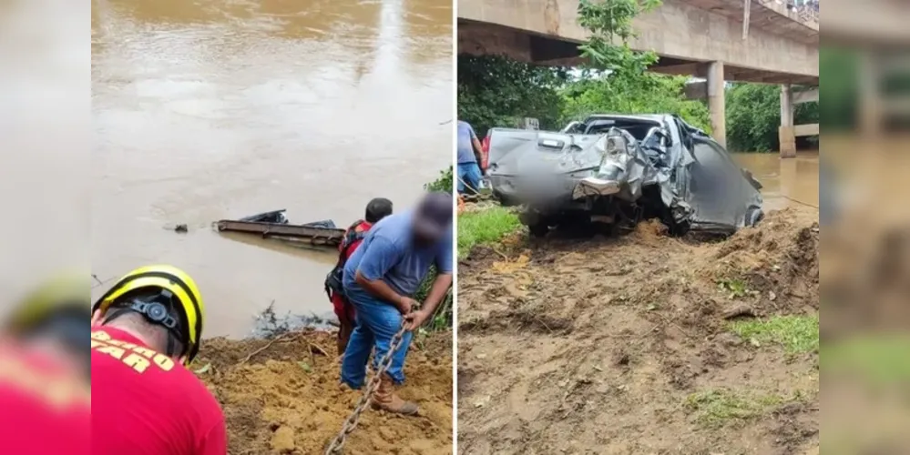 Para retirar a caminhonete da água e realizar o resgate, os bombeiros precisaram utilizar correntes e cordas