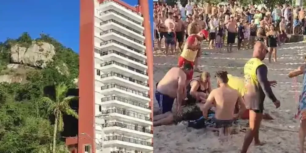 O piloto bateu na lateral do prédio e caiu na areia em espiral