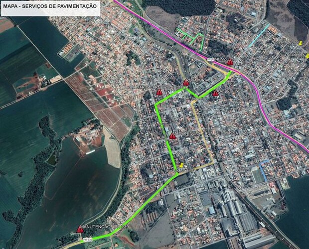 As vias que receberão a melhoria estão destacadas em verde no mapa