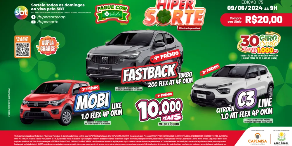 Sorteio acontece no próximo domingo (09), a partir das 09h da manhã