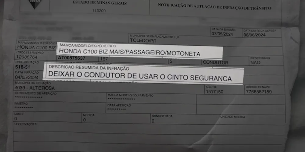 Segundo a multa, infração teria acontecido em Alterosa (MG), no dia 04 de maio